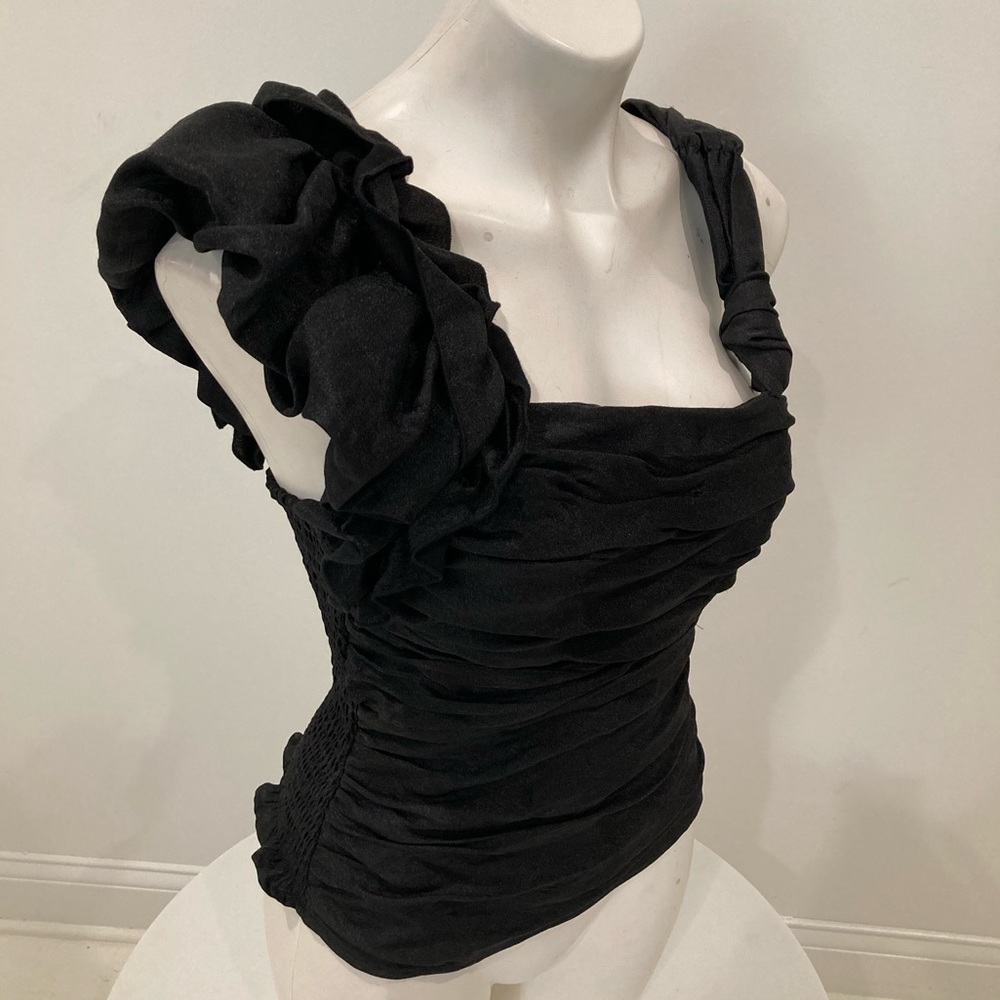 NWOT BEBE Black Ruched Organza Halter Top Ruffled Straps Small - Picture 5 of 16